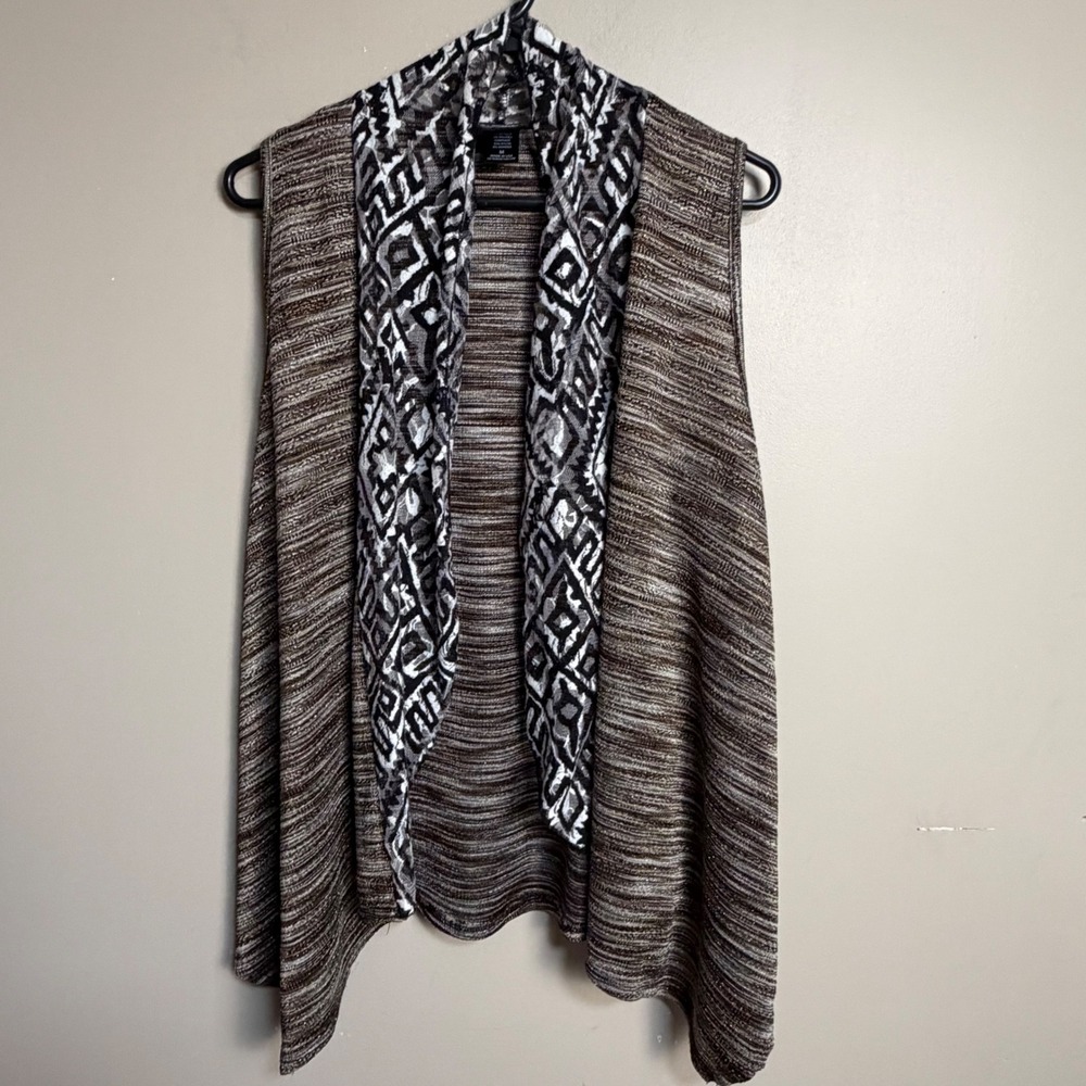 Daytrip Womens Brown Metallic Space Dye Geometric Open Front Vest Cardigan M